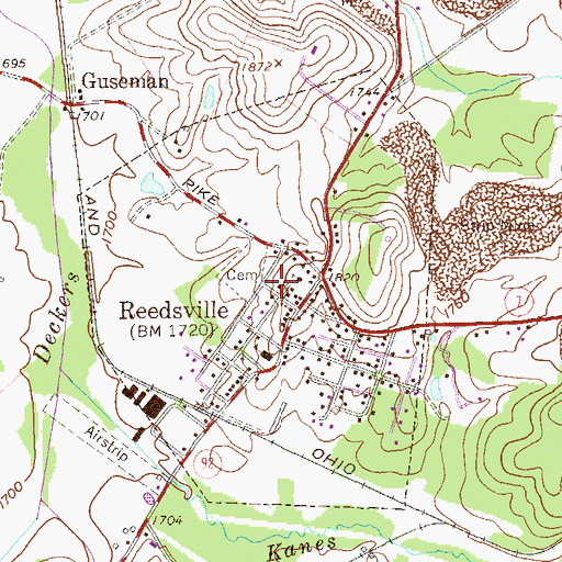 Topographic Map of Town of Reedsville, WV