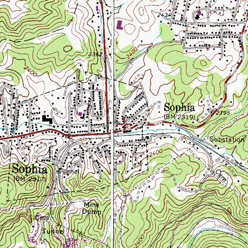 Topographic Map of Town of Sophia, WV