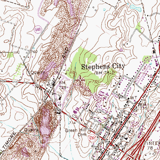 Topographic Map of Town of Stephens City, VA