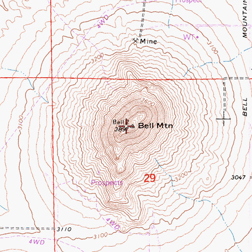 Topographic Map of Bell Mountain, CA