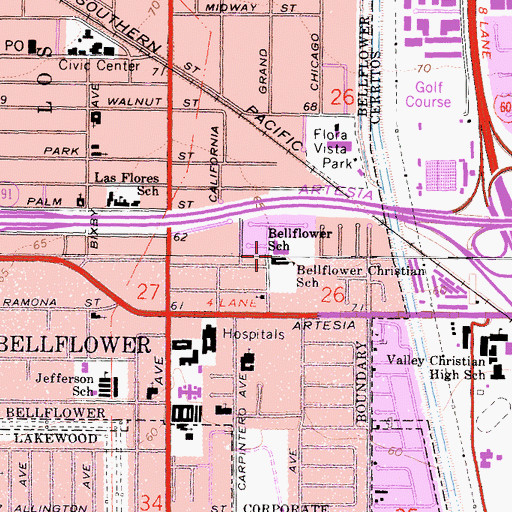 Topographic Map of Bellflower Christian School, CA