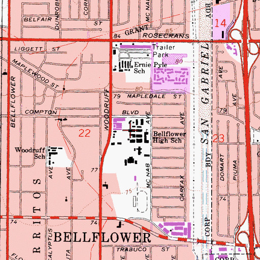 Topographic Map of Bellflower Middle and High School, CA