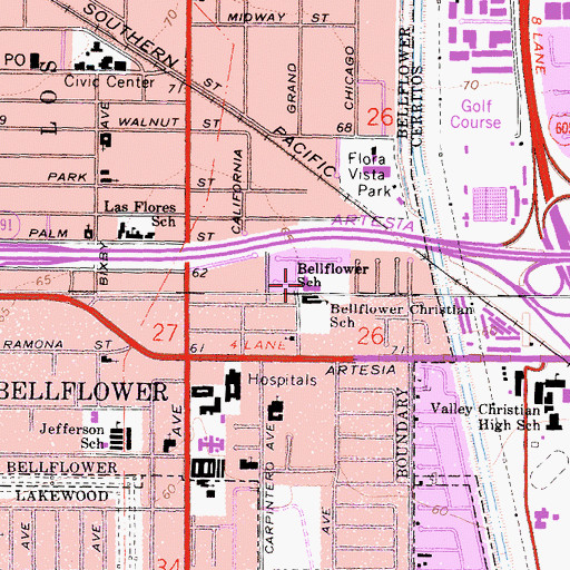 Topographic Map of Bellflower School, CA