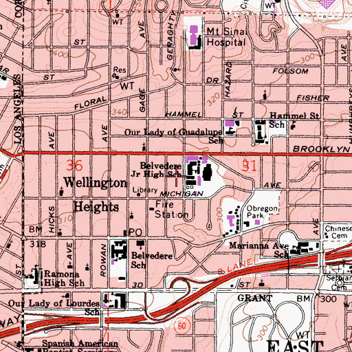 Topographic Map of Belvedere Middle School, CA