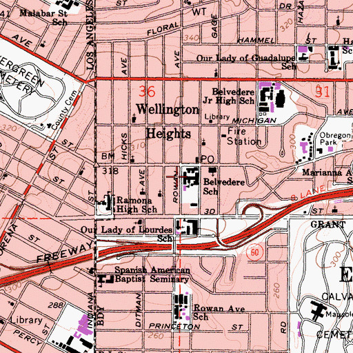Topographic Map of Belvedere Elementary School, CA