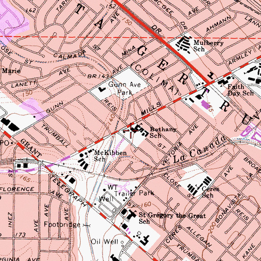 Topographic Map of Bethany School, CA