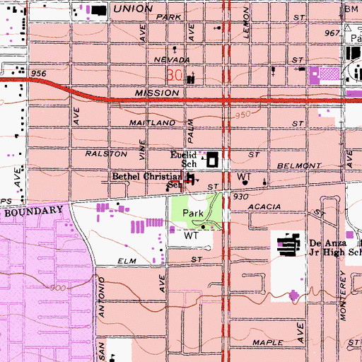 Topographic Map of Bethel Christian School, CA
