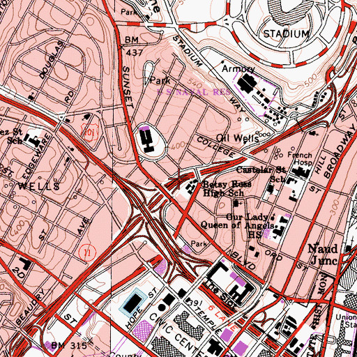 Topographic Map of Betsy Ross High School, CA