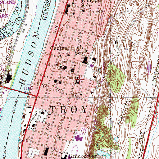 Topographic Map of Leonard Hospital (historical), NY