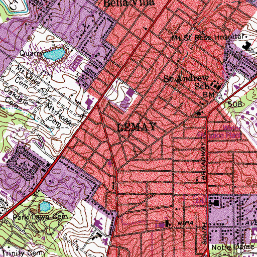 Topographic Map of Lemay Census Designated Place, MO