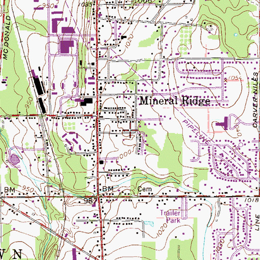 Topographic Map of Mineral Ridge Census Designated Place, OH