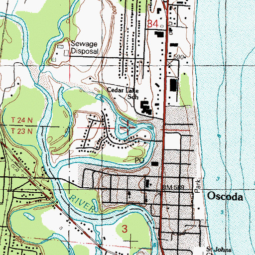 Topographic Map of Oscoda Census Designated Place, MI