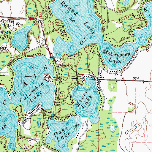Topographic Map of Chain O' Lakes-King Census Designated Place (historical), WI