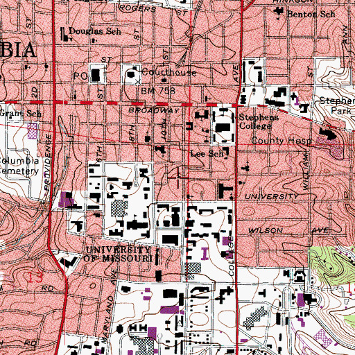 Topographic Map of City of Columbia, MO