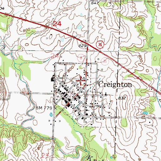 Topographic Map of City of Creighton, MO