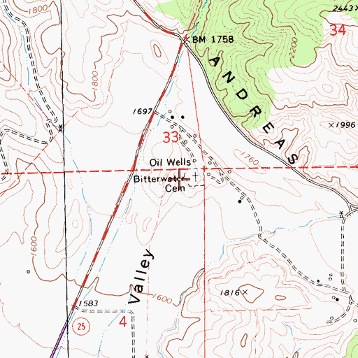 Topographic Map of Bitterwater Cemetery, CA