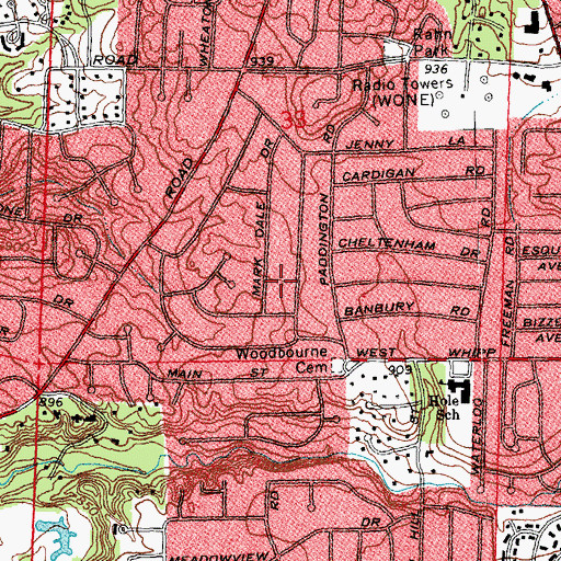 Topographic Map of Woodbourne-Hyde Park Census Designated Place, OH