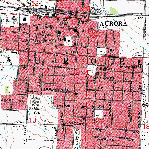 Topographic Map of City of Aurora, MO