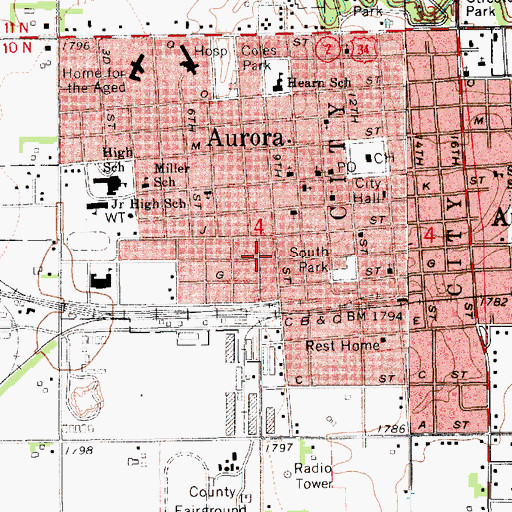 Topographic Map of City of Aurora, NE