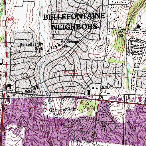 Topographic Map of City of Bellefontaine Neighbors, MO
