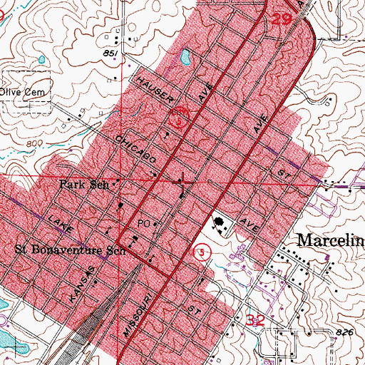 Topographic Map of City of Marceline, MO