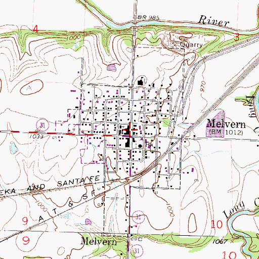 Topographic Map of City of Melvern, KS