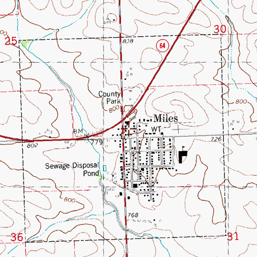 Topographic Map of City of Miles, IA