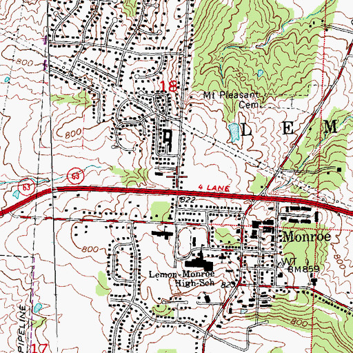 Topographic Map of City of Monroe, OH