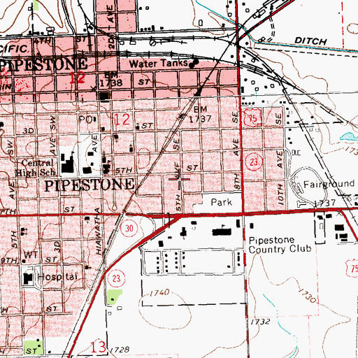 Topographic Map of City of Pipestone, MN