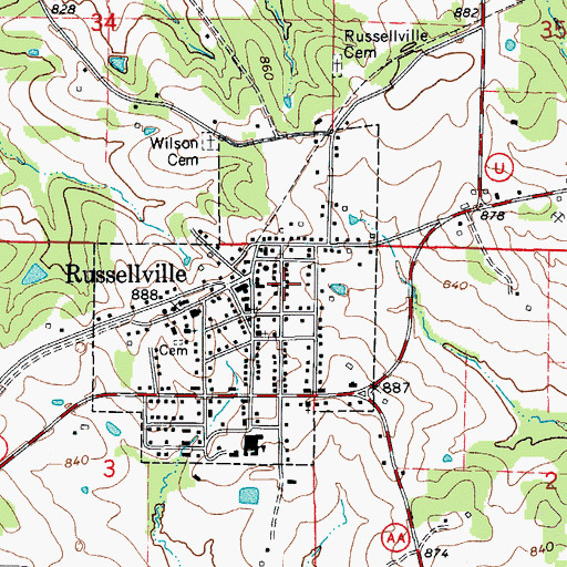 Topographic Map of City of Russellville, MO