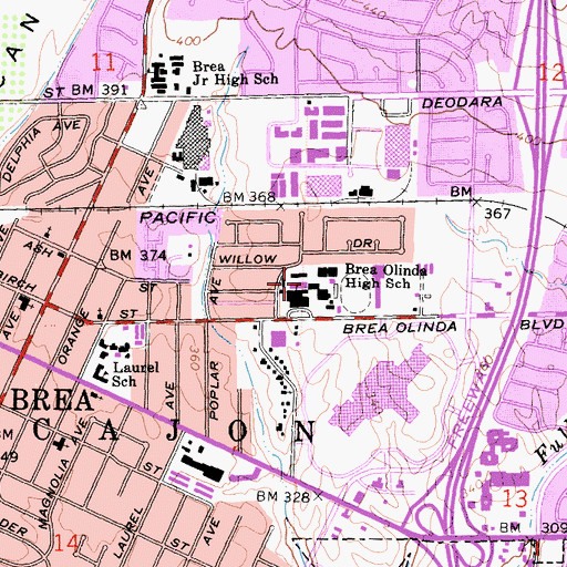 Topographic Map of Brea Olinda High School, CA