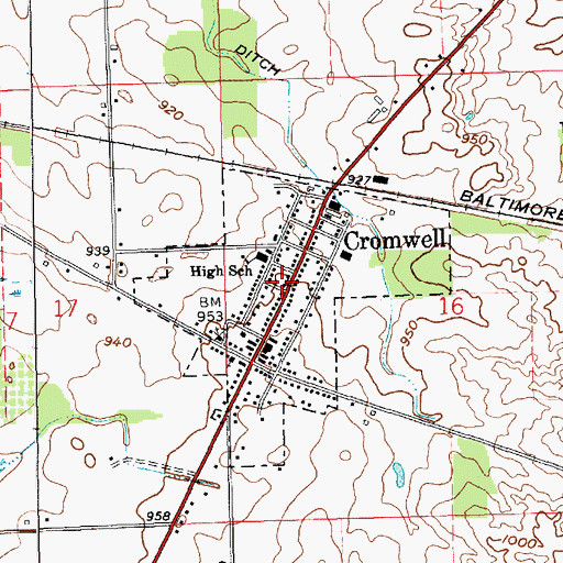 Topographic Map of Town of Cromwell, IN