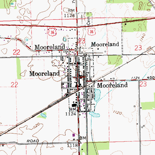 Topographic Map of Town of Mooreland, IN