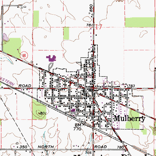 Topographic Map of Town of Mulberry, IN