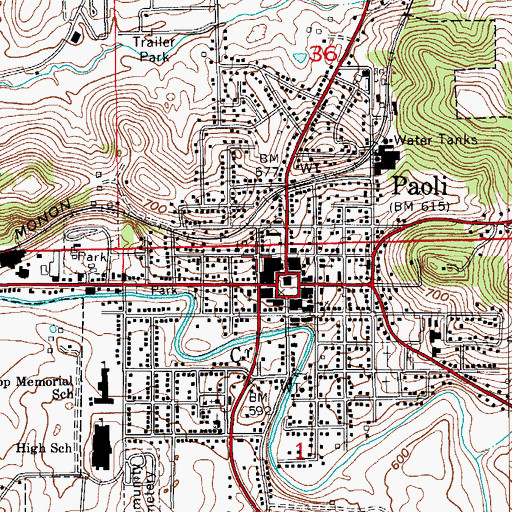 Topographic Map of Town of Paoli, IN