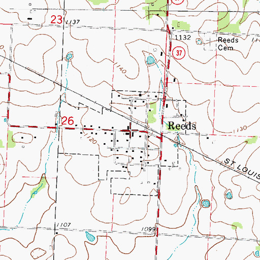 Topographic Map of Town of Reeds, MO
