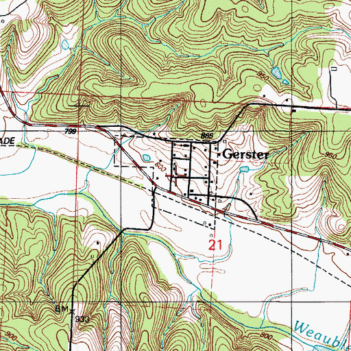 Topographic Map of Town of Gerster, MO