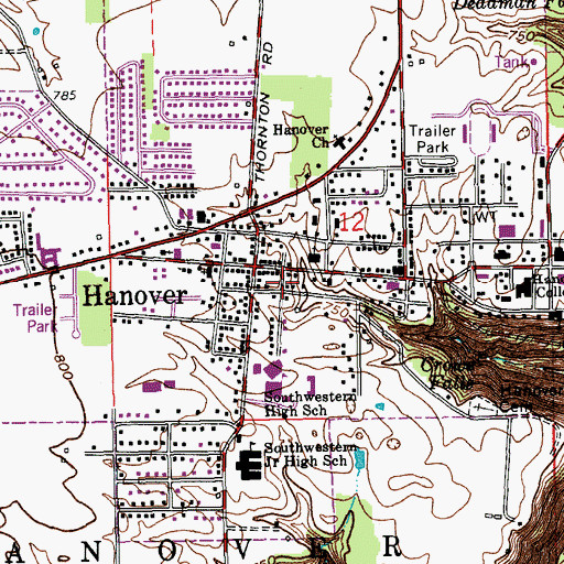 Topographic Map of Town of Hanover, IN