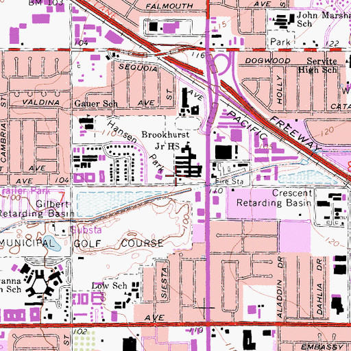 Topographic Map of Brookhurst Junior High School, CA