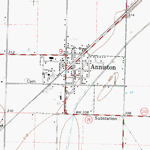 Topographic Map of Town of Anniston, MO