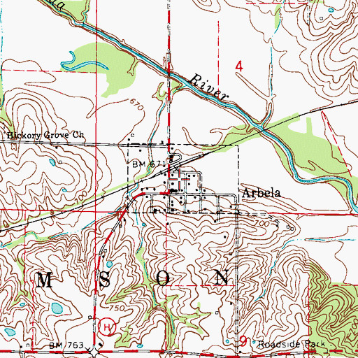 Topographic Map of Town of Arbela, MO
