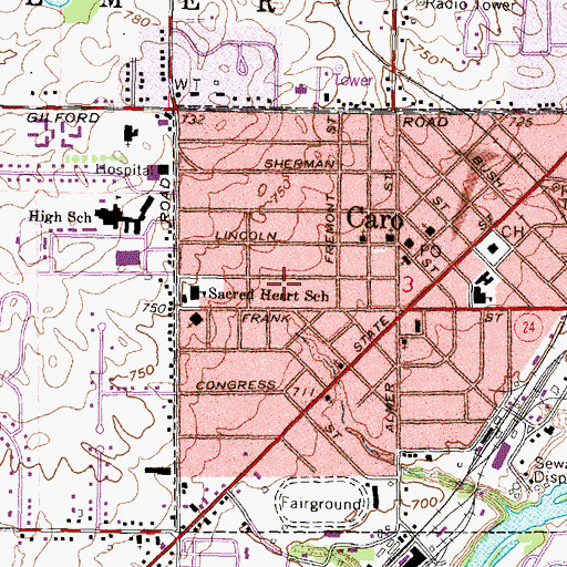 Topographic Map of City of Caro, MI