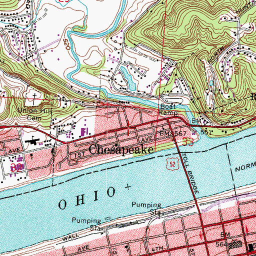 Topographic Map of Village of Chesapeake, OH