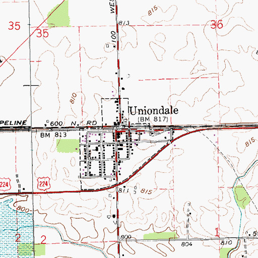 Topographic Map of Town of Uniondale, IN
