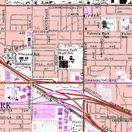 Topographic Map of Buena Park High School, CA