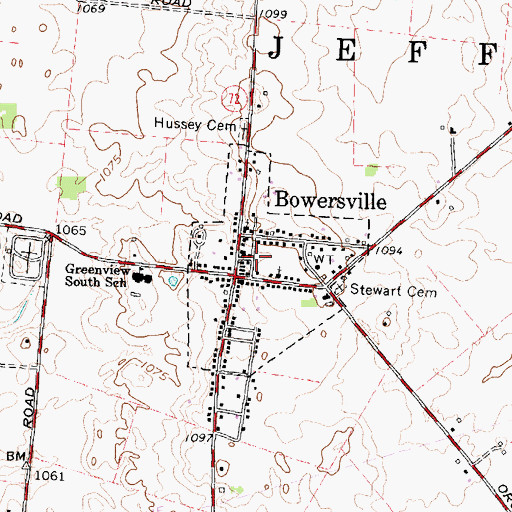 Topographic Map of Village of Bowersville, OH