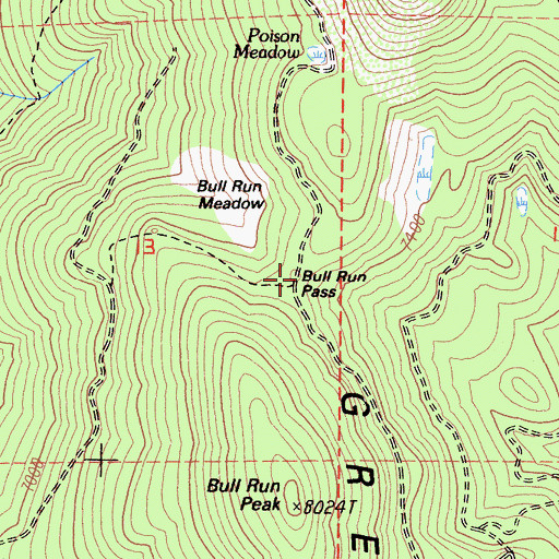Topographic Map of Bull Run Pass, CA