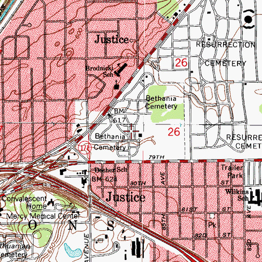 Topographic Map of Village of Justice, IL