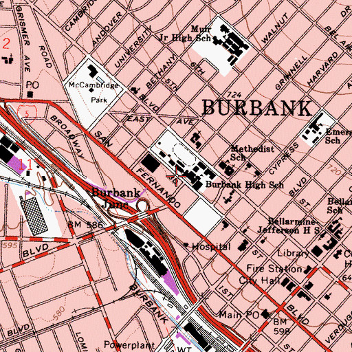 Topographic Map of Burbank High School, CA