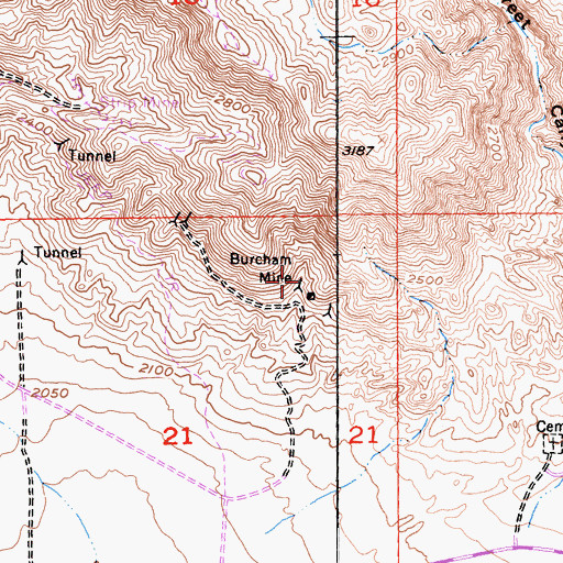 Topographic Map of Burcham Mine, CA
